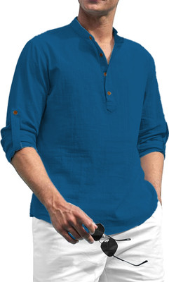 FireFish Men Solid A-line Kurta(Dark Blue)