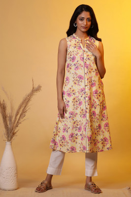 Aurelia Women Floral Print A-line Kurta(Yellow)