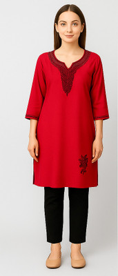 RuhisCollection Women Embroidered A-line Kurta(Red)