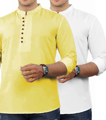 VIMASUTI Men Solid Straight Kurta(Yellow, White)