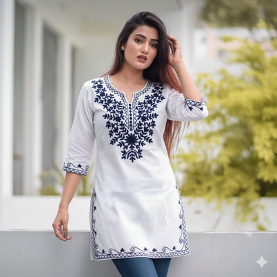 Ubaid Trader Women Embroidered Straight Kurta(White)