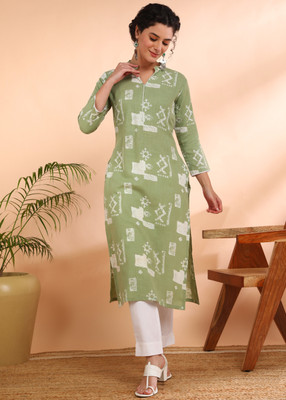 maaesa Women Geometric Print A-line Kurta(Green)