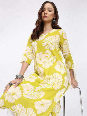 Anouk Rustic Women Floral Print Straight Kurta(Green, White)