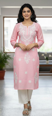 ChikankariArts Women Chikan Embroidery, Embroidered Straight Kurta(Purple)