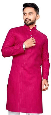 JENZEE Fashion Men Striped Straight Kurta(Pink)