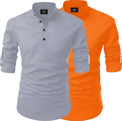 Fashion Marts Men Solid Straight Kurta(Grey, Orange)