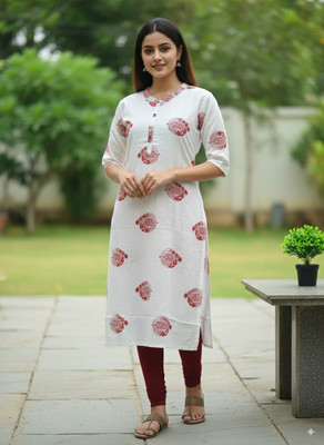 Maa Kabita Garment Stores Women Printed, Block Print, Geometric Print Straight Kurta(White)