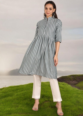 Ladylaz Women Striped Straight Kurta(Grey)