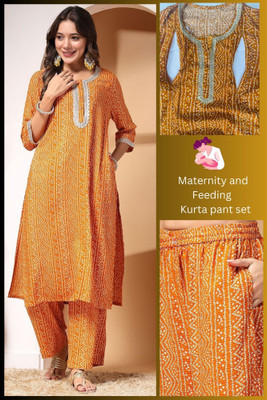 sky fab Women Bandhani A-line Kurta(Orange)