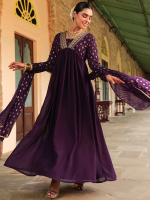Janasya Women Printed, Embellished Flared Kurta(Purple)