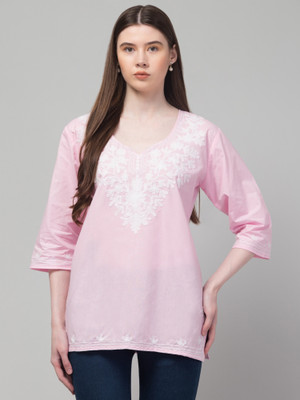 CROWN KING GARMENTS Women Embroidered Straight Kurta(Pink, White)