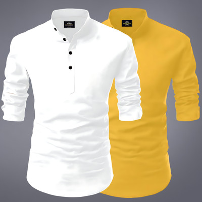 evalaxy Men Solid Straight Kurta(White, Yellow)