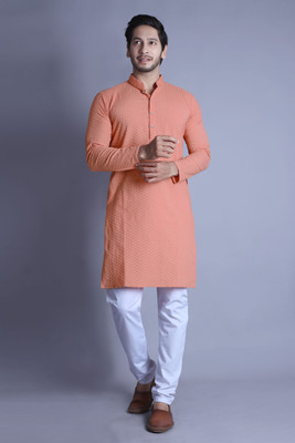 ALMORA Men Self Design A-line Kurta(Orange)