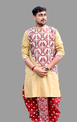 Sumit online Men Self Design Straight Kurta(Beige)