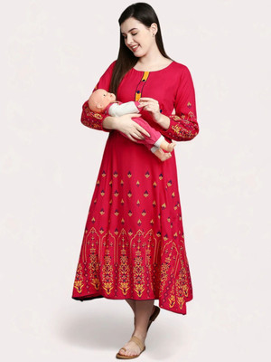 TRUE SHAPE Women Printed Flared Kurta(Pink)