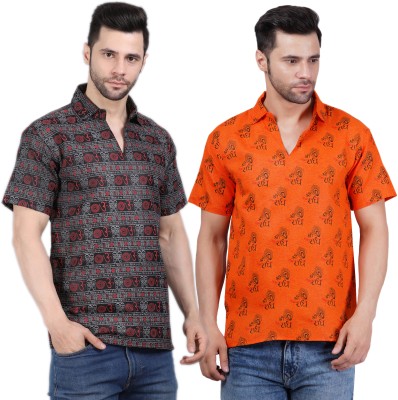 AXOLOTL Men Printed Straight Kurta(Black, Orange)