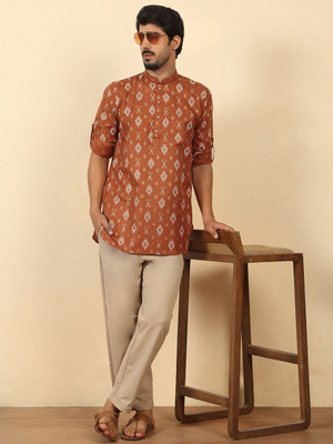 kraft india Men Floral Print Straight Kurta(Orange)