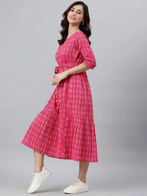 Demirner Women Ethnic Dress Pink Midi/Calf Length Dress
