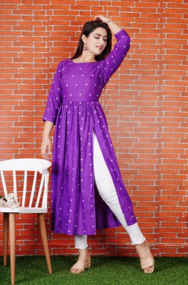 RRRYARN Women Printed Frontslit Kurta(Purple)