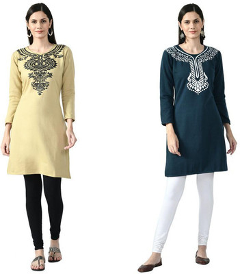 Indeweaves Women Self Design Straight Kurta(Dark Blue, Yellow)