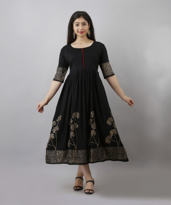 CLOTHING HOUSE Women Printed Flared Kurta(Black)