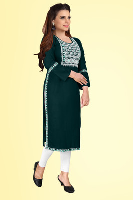 HouseOfCommon Women Embroidered Straight Kurta(Dark Green)