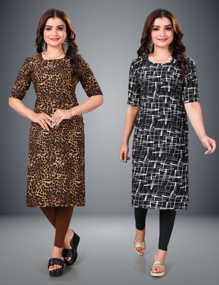 MOBHISA Women Printed Straight Kurta(Black)