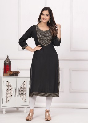 oceanabode Women Embellished A-line Kurta(Black)