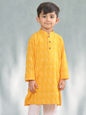 Kinder Kids Boys Self Design, Striped, Embellished Straight Kurta(Yellow)