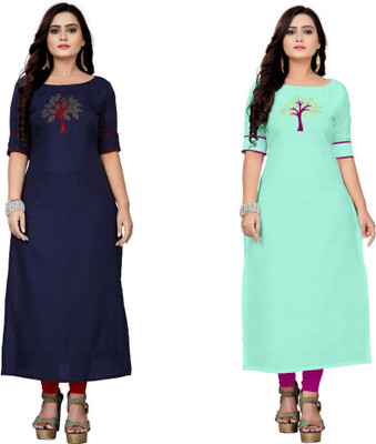 mahi creation Women Patchwork Straight Kurta(Dark Blue, Light Blue)