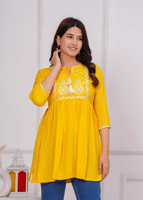 HouseOfCommon Women Printed Flared Kurta(Yellow)