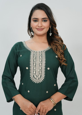 Elvya Women Embroidered Straight Kurta(Green)