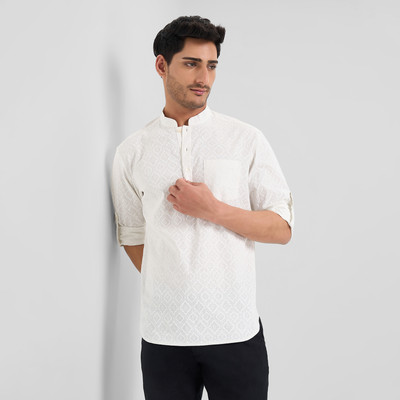 Indus Route by Pantaloons Men Dyed/Ombre A-line Kurta(White)
