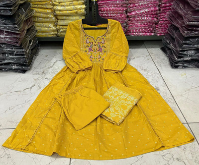 GUJRATI Women Embroidered, Printed Ethnic Dress Kurta(Yellow)