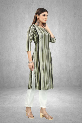 HouseOfCommon Women Striped Straight Kurta(Green)