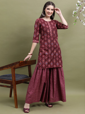 Vishudh Women Geometric Print Asymmetric Kurta(Maroon)