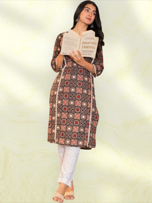 Jaipuur Trend Women Embroidered, Printed Straight Kurta(Brown)