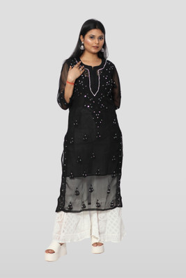 Randeep Clothing Women Embroidered, Chikan Embroidery Straight Kurta(Black)