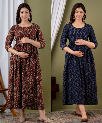 Silakiva Women Printed Gown Kurta(Maroon)