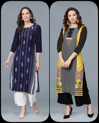 glamson Women Printed A-line Kurta(Blue)