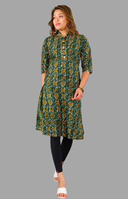 Parth f Women Printed A-line Kurta(Green)