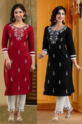 HouseOfCommon Women Chikan Embroidery Straight Kurta(Multicolor)