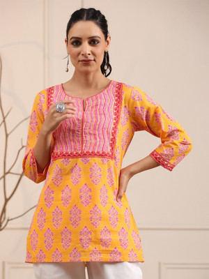KANCH CREATION Women Striped Straight Kurta(Yellow, Orange)