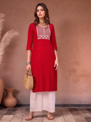 Anmi Embroidered Women Straight Kurta(Red)