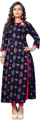 VBUYZ Women Printed Frontslit Kurta(Blue)