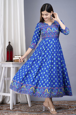 RV EXPO Women Block Print Anarkali Kurta(Blue)