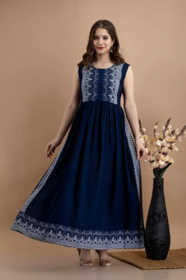 UNIFYFASHION Women Self Design Flared Kurta(Blue)