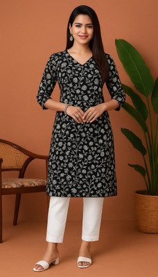ABC Women Printed A-line Kurta(Black)