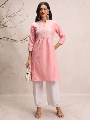 Vishudh Women Solid A-line Kurta(Pink)