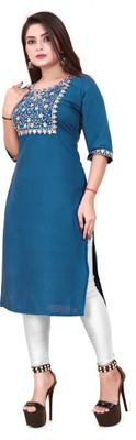 KURTIFABRIC Women Embroidered, Solid A-line Kurta(Blue)